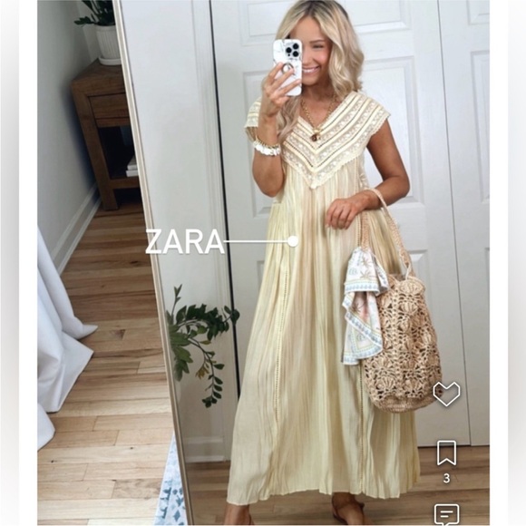 Zara ZW Collection embroidered pleated maxi dress butter yellow - Picture 2 of 16